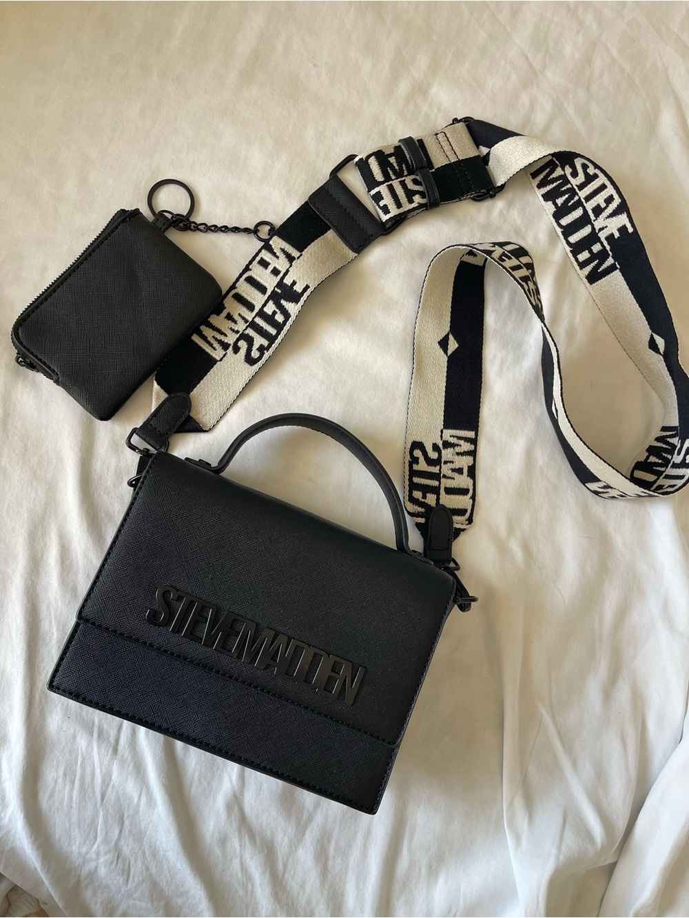 Steve Madden Black Crossbody with Branded Strap and Coin Pouch